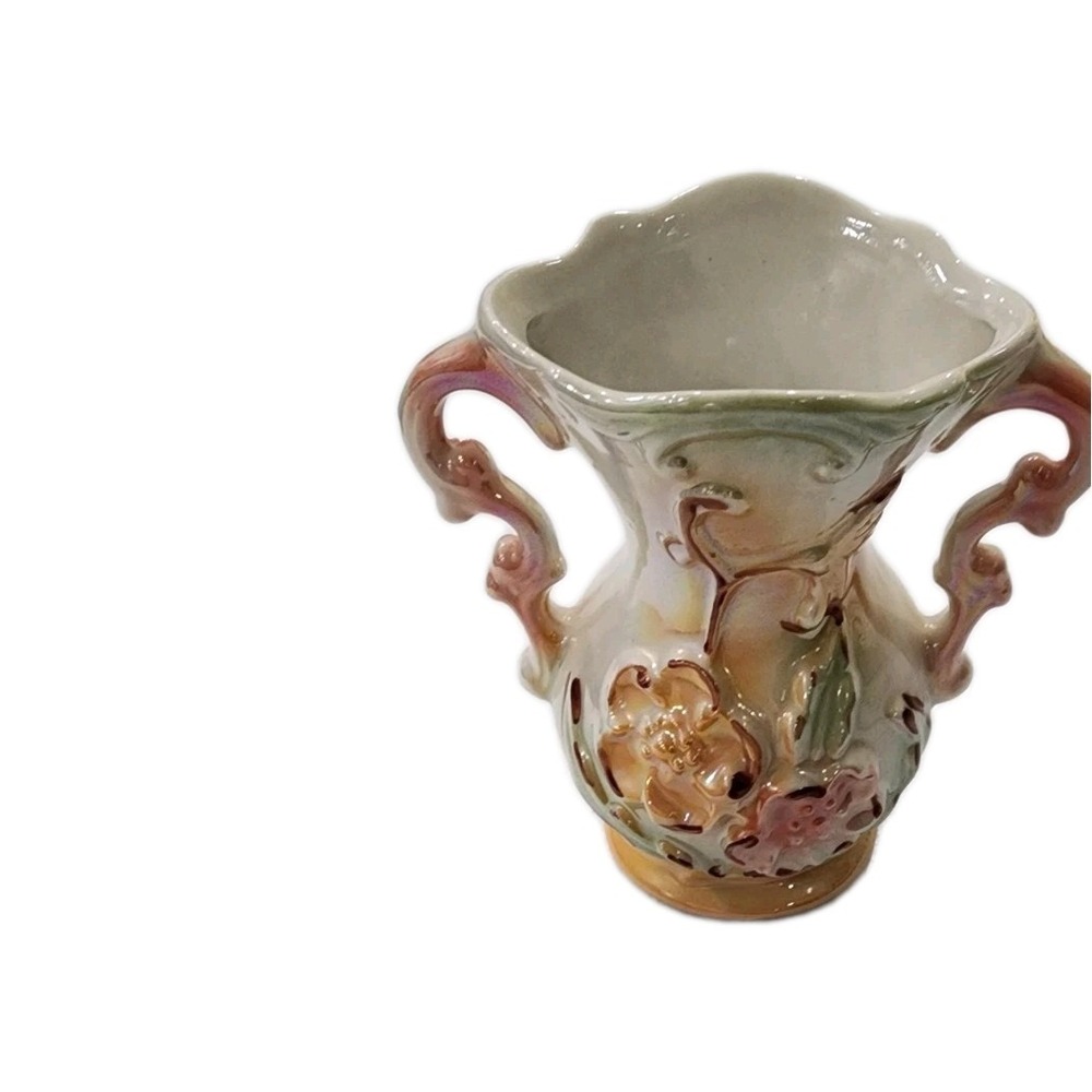 Vintage Lusterware Ceramic Vase Hand Painted Pastel #423 Made In Brazil 1960's